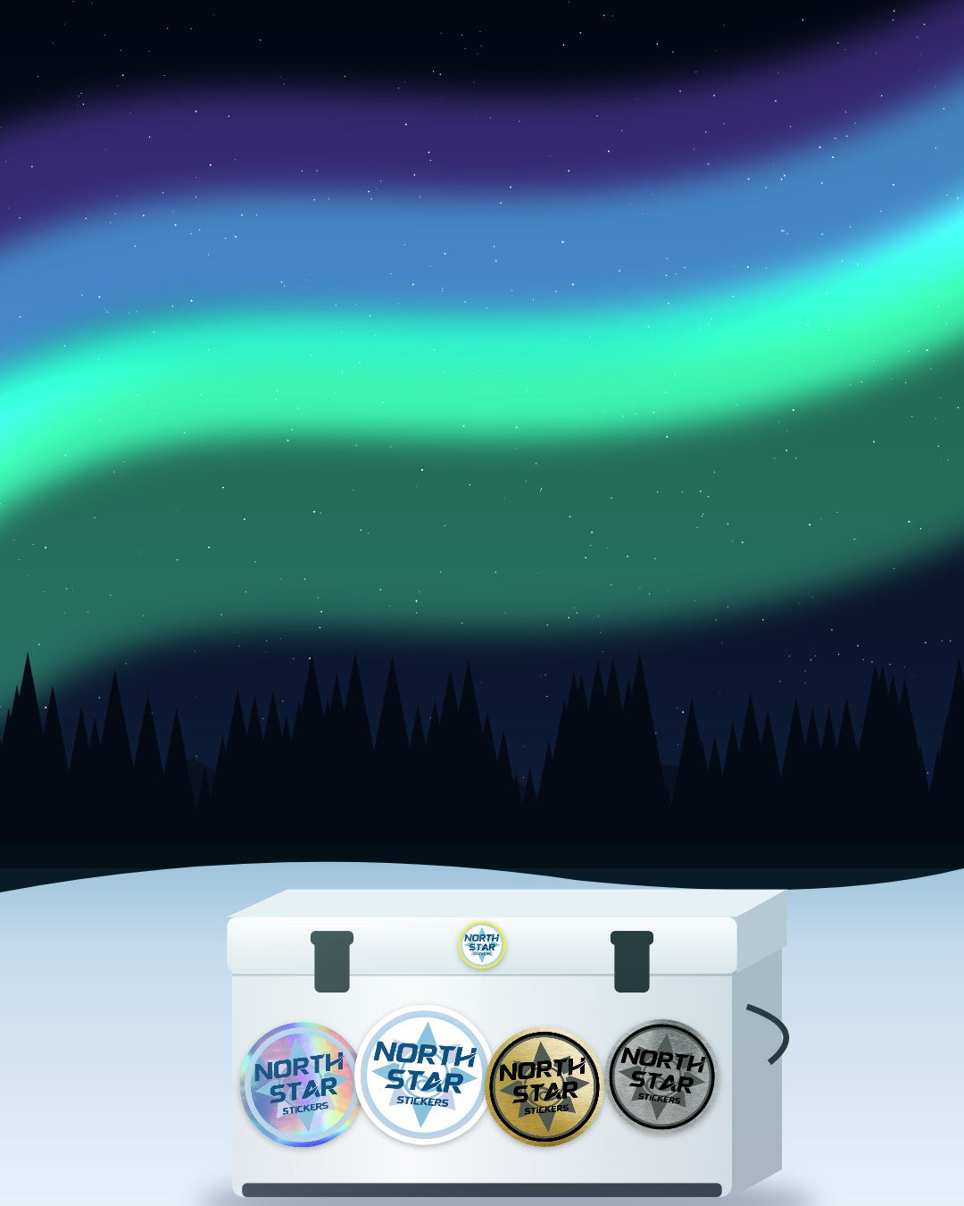 Cooler covered in North Star Stickers custom die-cut stickers in white, holographic, brushed gold and brushed stainless under the northern lights